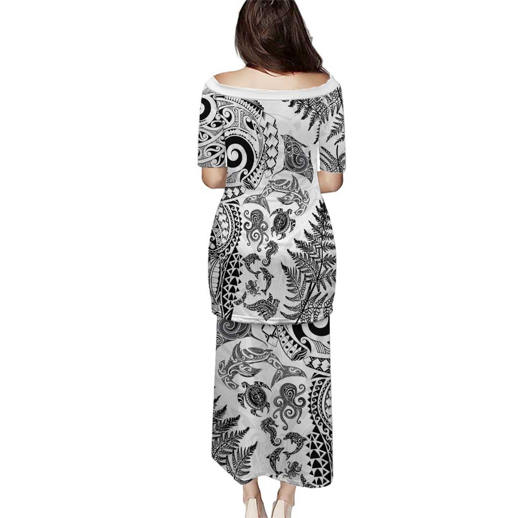New Zealand Sea Animals Family Matching Puletasi and Hawaiian Shirt with Maori Koru Tribal Tattoo and Silver Ferns White Color