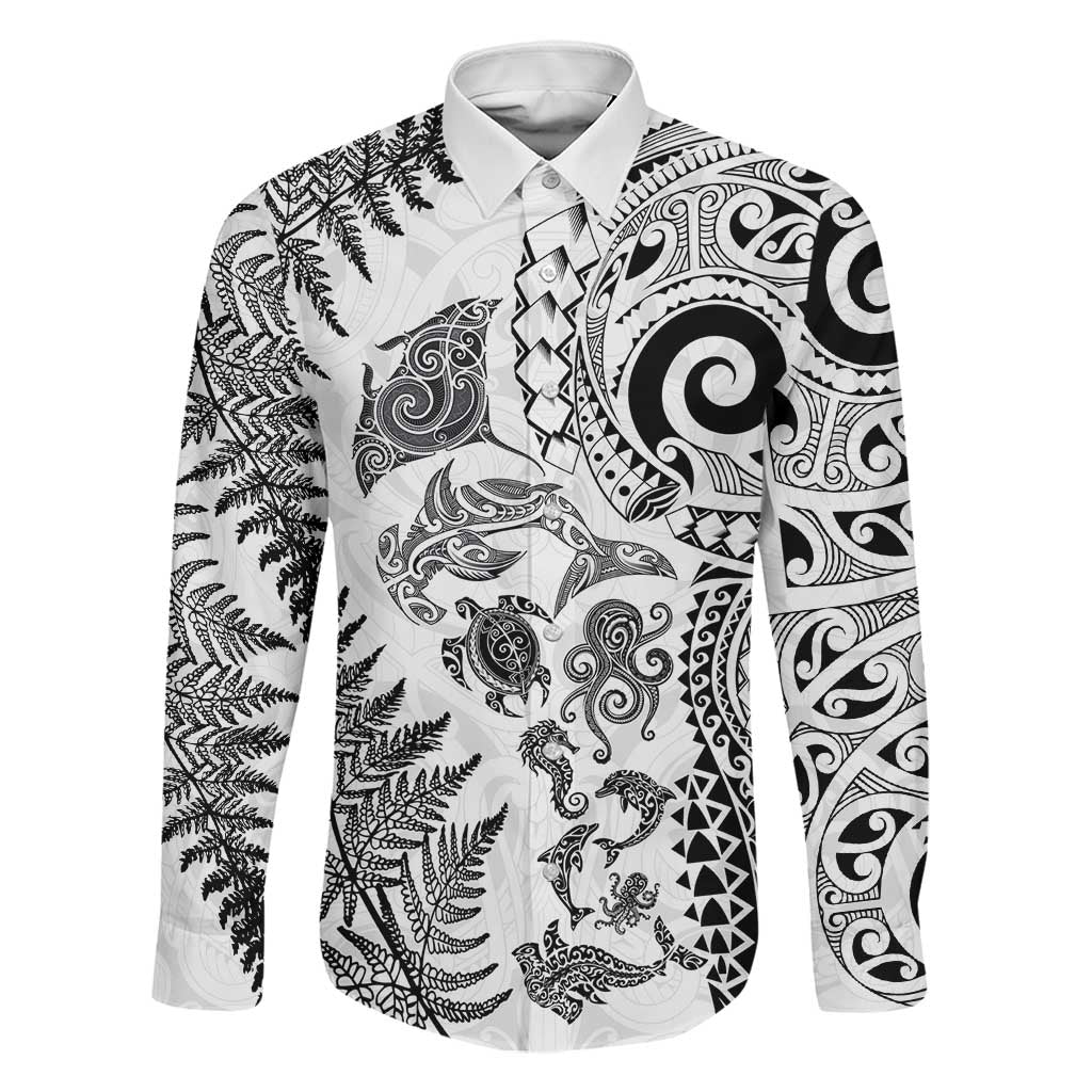 New Zealand Sea Animals Family Matching Short Sleeve Bodycon Dress and Hawaiian Shirt with Maori Koru Tribal Tattoo and Silver Ferns White Color