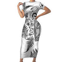 New Zealand Sea Animals Family Matching Short Sleeve Bodycon Dress and Hawaiian Shirt with Maori Koru Tribal Tattoo and Silver Ferns White Color