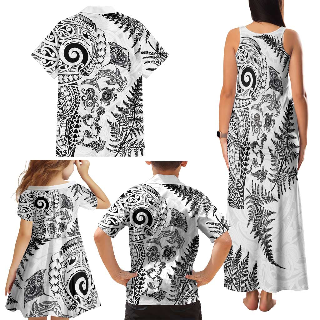 New Zealand Sea Animals Family Matching Tank Maxi Dress and Hawaiian Shirt with Maori Koru Tribal Tattoo and Silver Ferns White Color