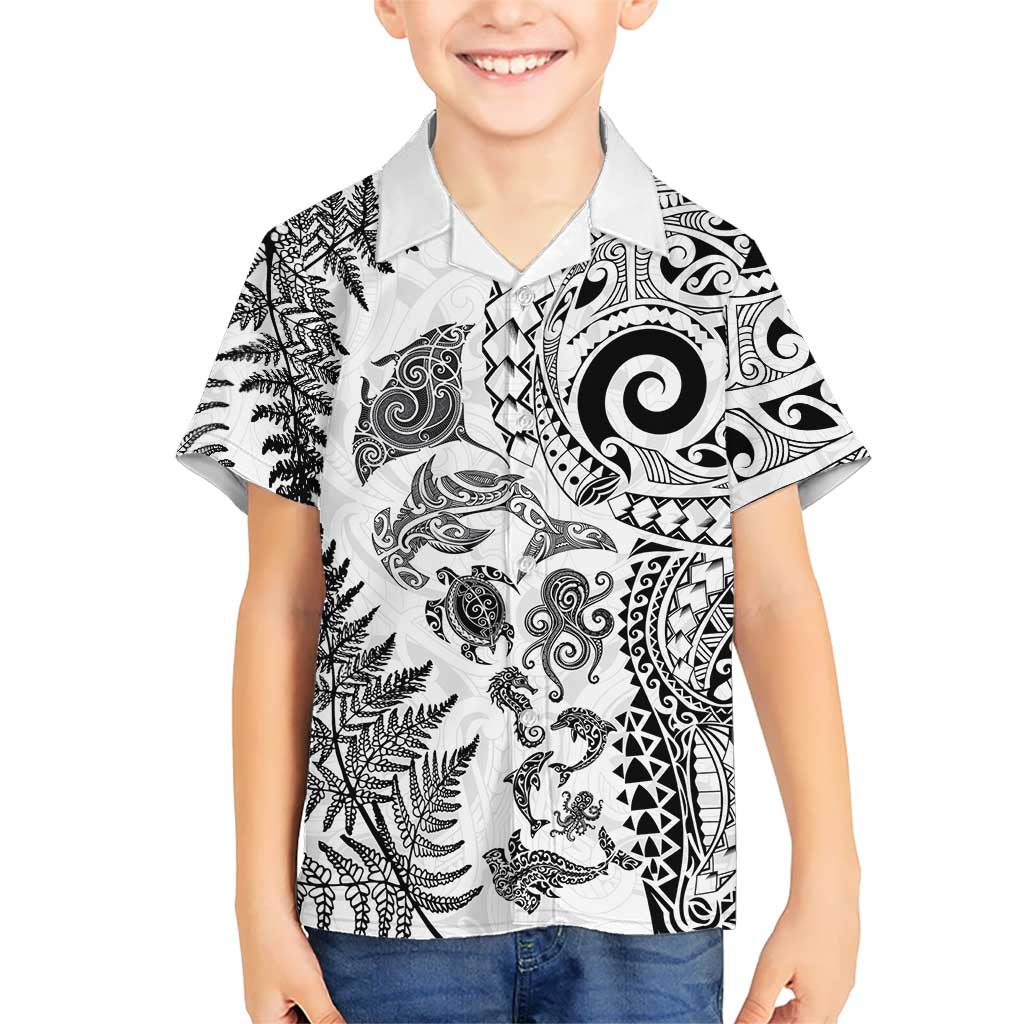 New Zealand Sea Animals Family Matching Tank Maxi Dress and Hawaiian Shirt with Maori Koru Tribal Tattoo and Silver Ferns White Color