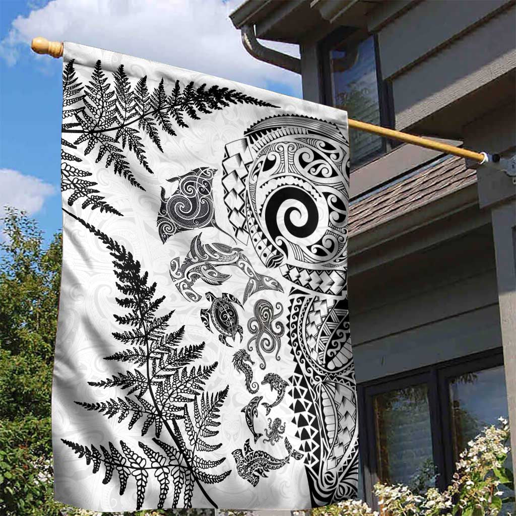 New Zealand Sea Animals Garden Flag with Maori Koru Tribal Tattoo and Silver Ferns White Color