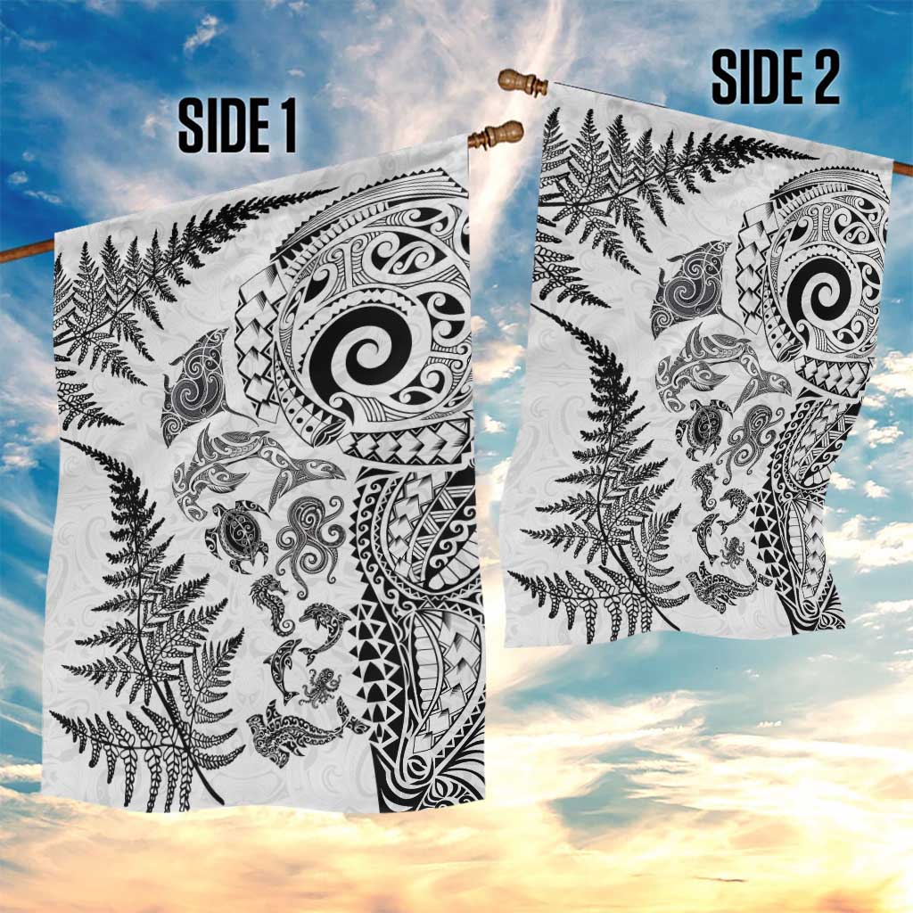 New Zealand Sea Animals Garden Flag with Maori Koru Tribal Tattoo and Silver Ferns White Color