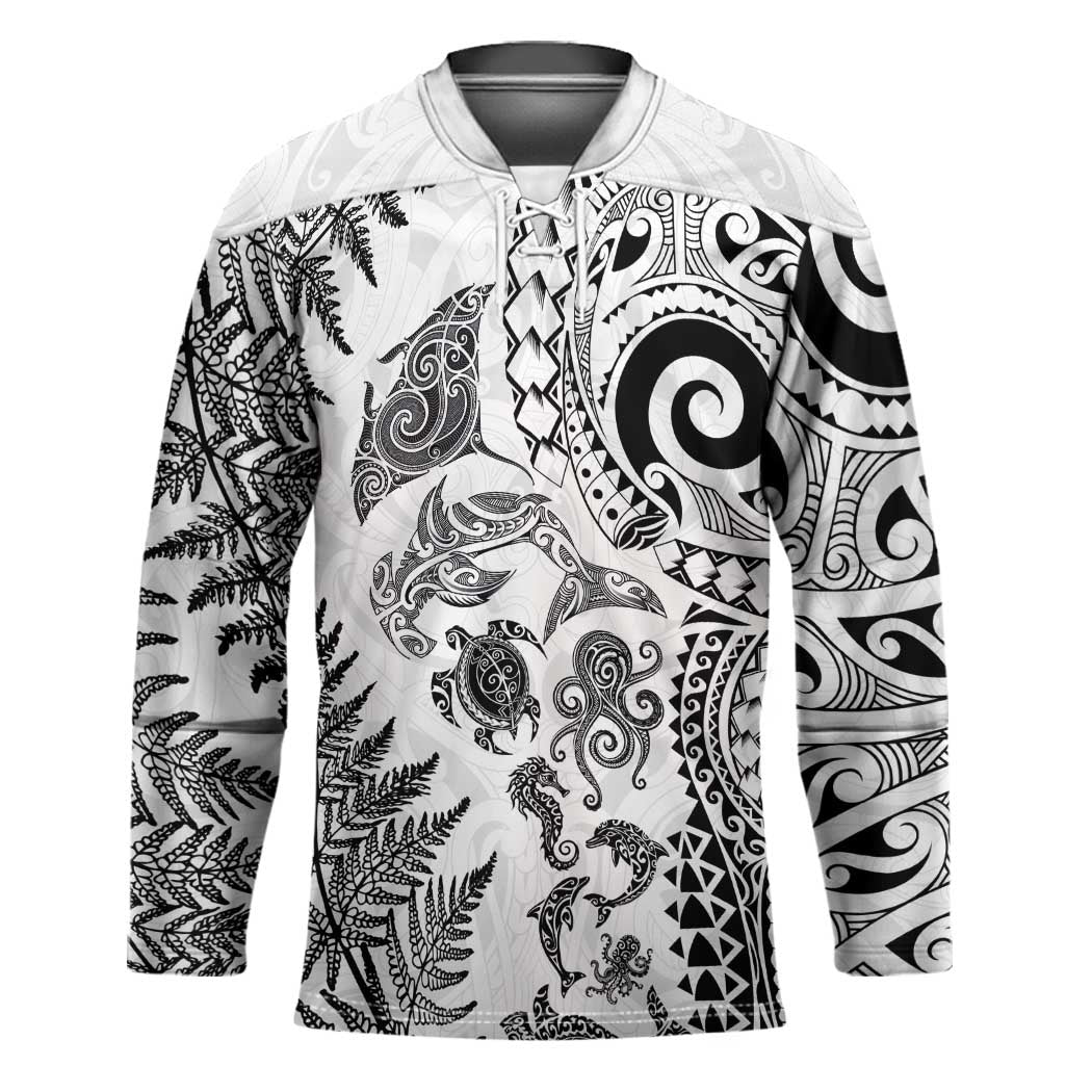 New Zealand Sea Animals Hockey Jersey with Maori Koru Tribal Tattoo and Silver Ferns White Color LT03 Unisex White - Polynesian Pride