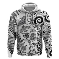 New Zealand Sea Animals Hoodie with Maori Koru Tribal Tattoo and Silver Ferns White Color