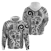 New Zealand Sea Animals Hoodie with Maori Koru Tribal Tattoo and Silver Ferns White Color