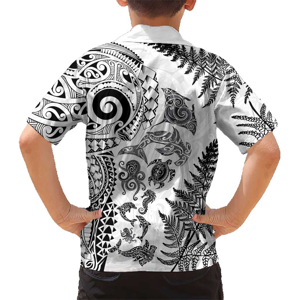 New Zealand Sea Animals Kid Hawaiian Shirt with Maori Koru Tribal Tattoo and Silver Ferns White Color