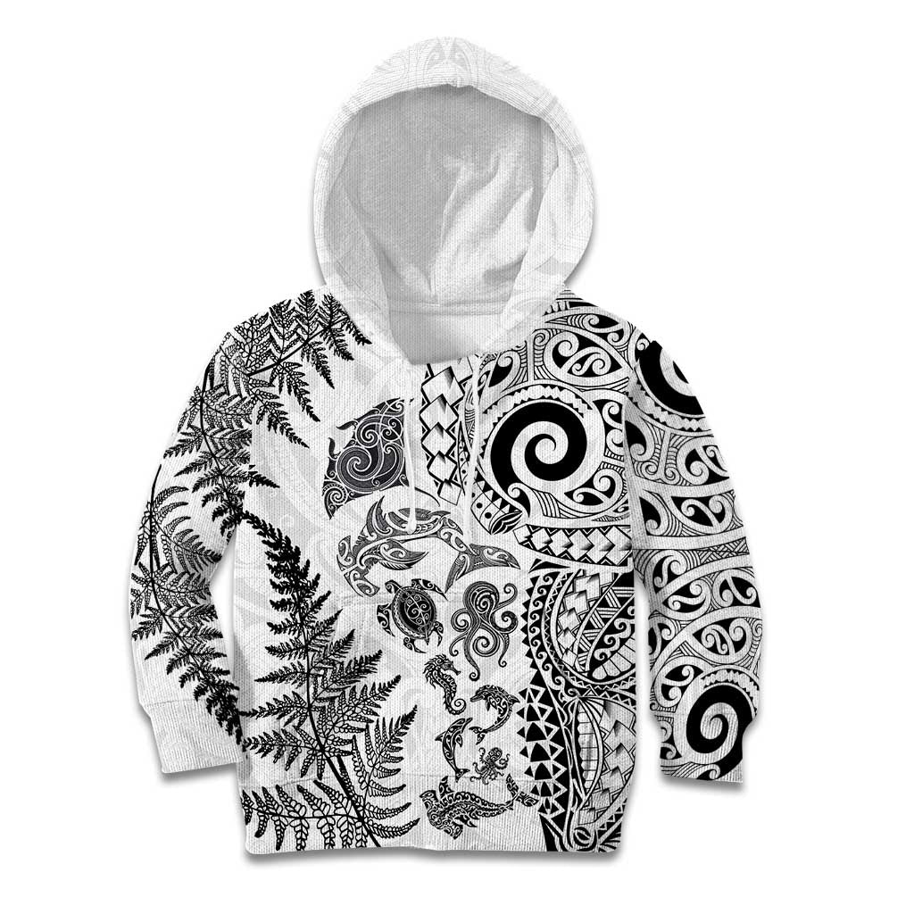 New Zealand Sea Animals Kid Hoodie with Maori Koru Tribal Tattoo and Silver Ferns White Color LT03 Hoodie White - Polynesian Pride