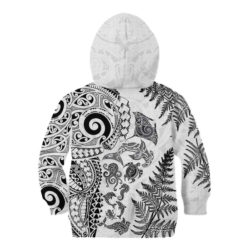 New Zealand Sea Animals Kid Hoodie with Maori Koru Tribal Tattoo and Silver Ferns White Color
