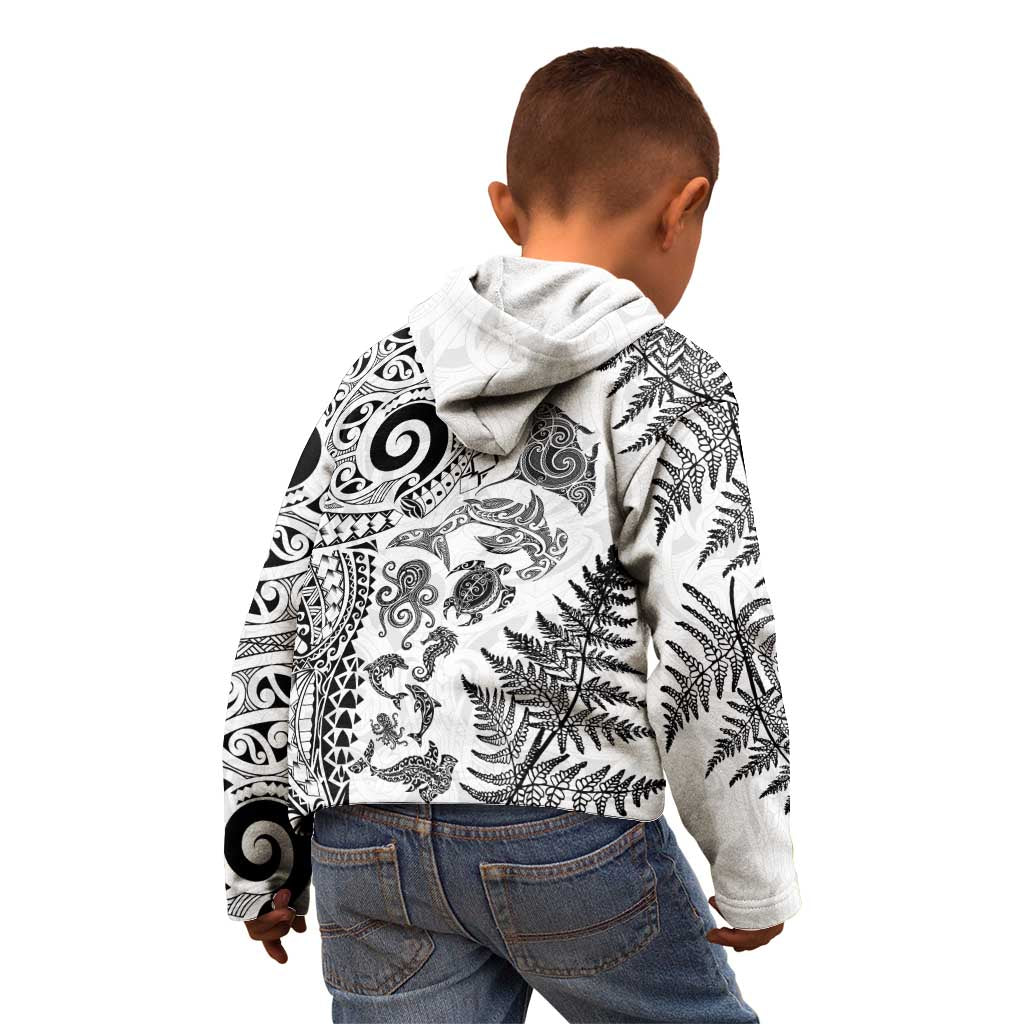 New Zealand Sea Animals Kid Hoodie with Maori Koru Tribal Tattoo and Silver Ferns White Color