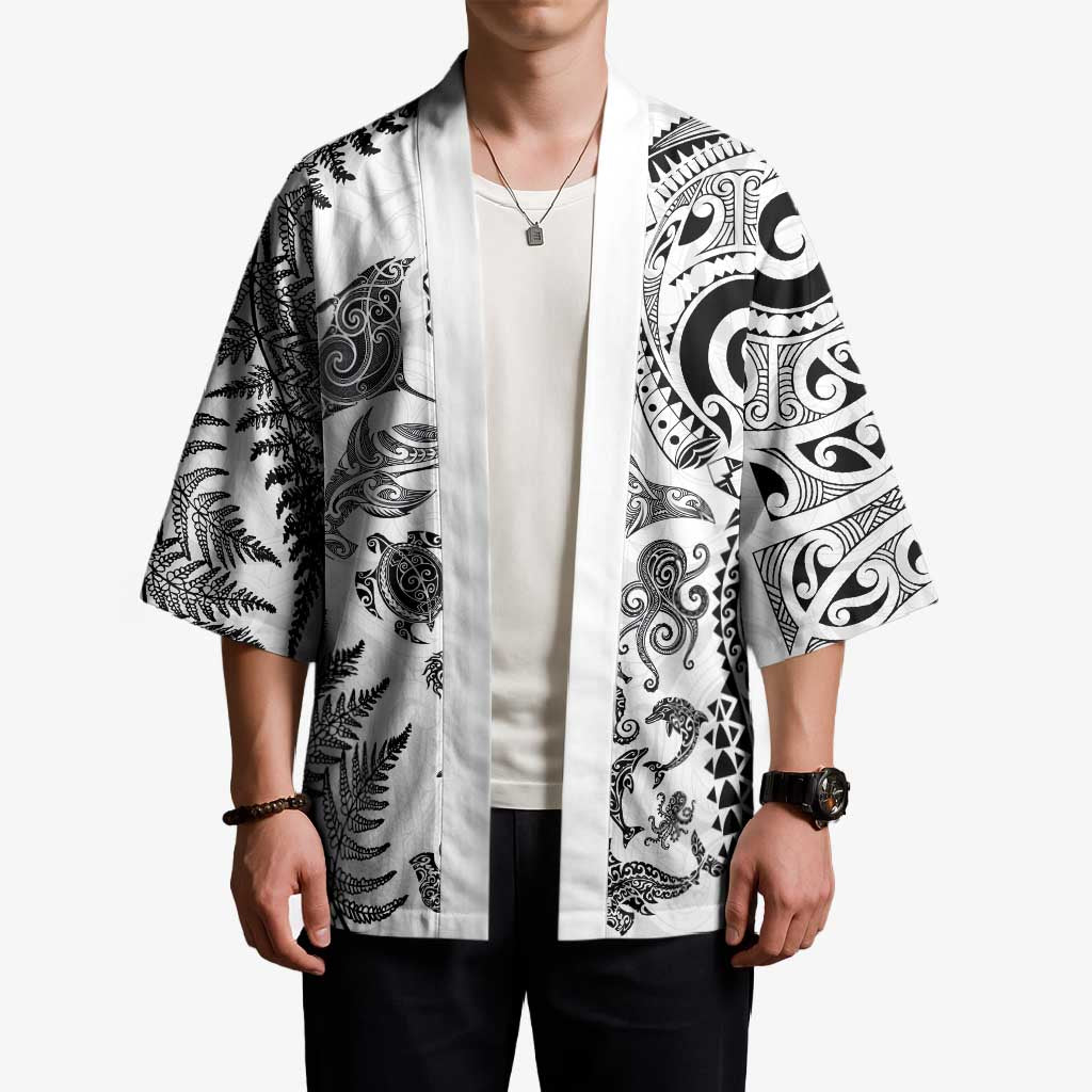 New Zealand Sea Animals Kimono with Maori Koru Tribal Tattoo and Silver Ferns White Color