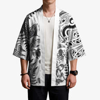 New Zealand Sea Animals Kimono with Maori Koru Tribal Tattoo and Silver Ferns White Color