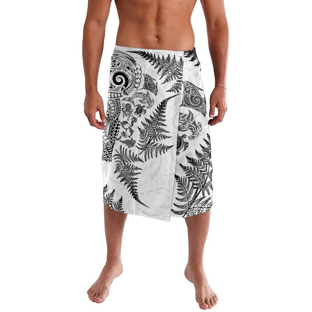 New Zealand Sea Animals Lavalava with Maori Koru Tribal Tattoo and Silver Ferns White Color LT03 White - Polynesian Pride
