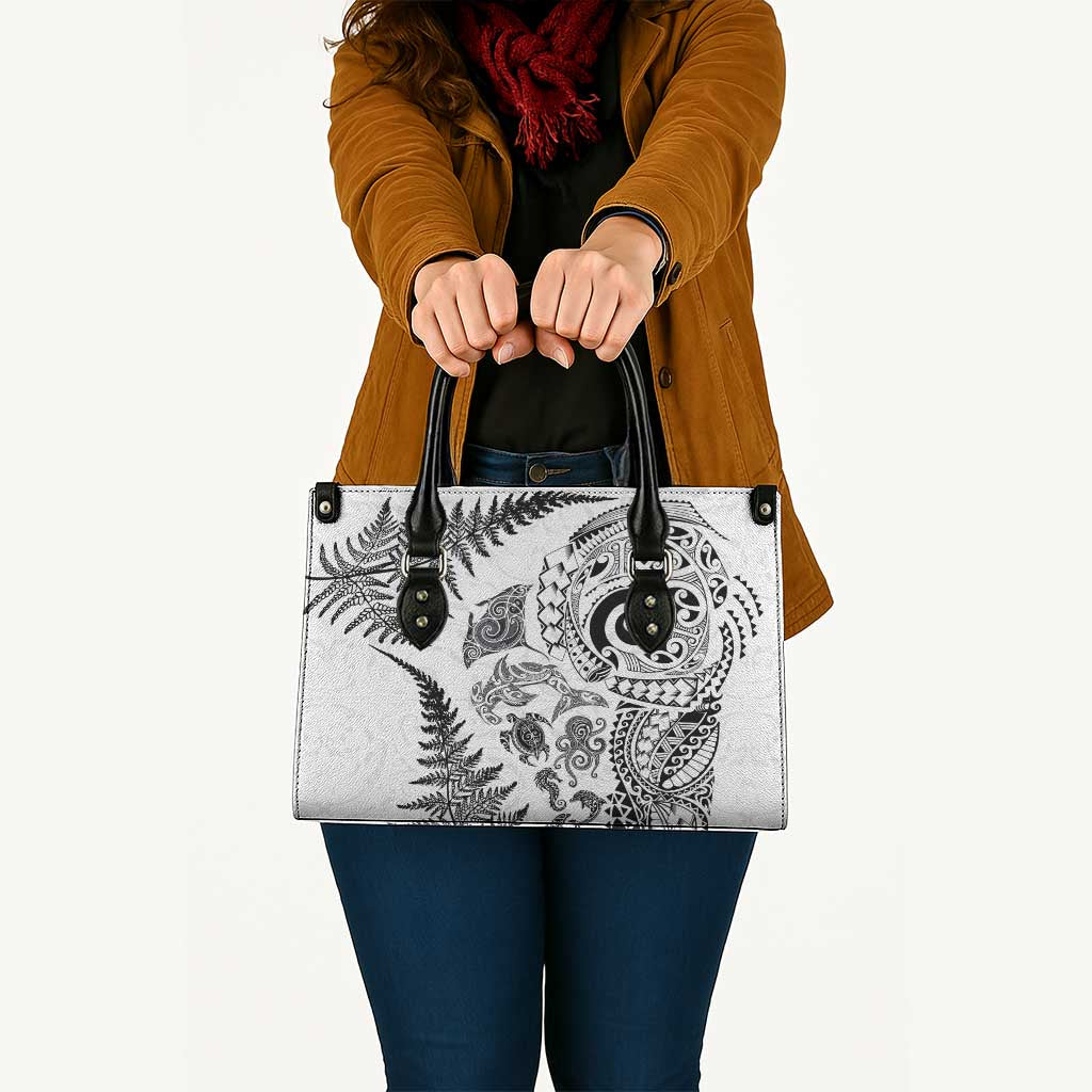 New Zealand Sea Animals Leather Bag with Maori Koru Tribal Tattoo and Silver Ferns White Color