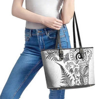 New Zealand Sea Animals Leather Tote Bag with Maori Koru Tribal Tattoo and Silver Ferns White Color