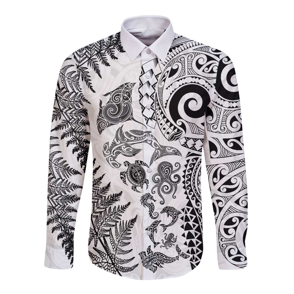 New Zealand Sea Animals Long Sleeve Button Shirt with Maori Koru Tribal Tattoo and Silver Ferns White Color