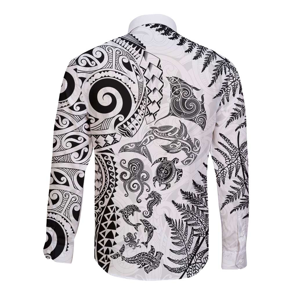 New Zealand Sea Animals Long Sleeve Button Shirt with Maori Koru Tribal Tattoo and Silver Ferns White Color