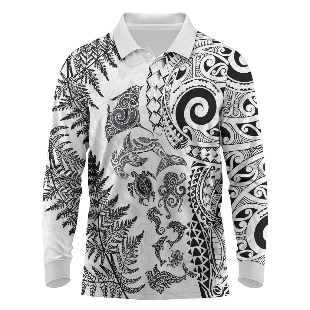 New Zealand Sea Animals Long Sleeve Polo Shirt with Maori Koru Tribal Tattoo and Silver Ferns White Color