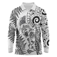 New Zealand Sea Animals Long Sleeve Polo Shirt with Maori Koru Tribal Tattoo and Silver Ferns White Color