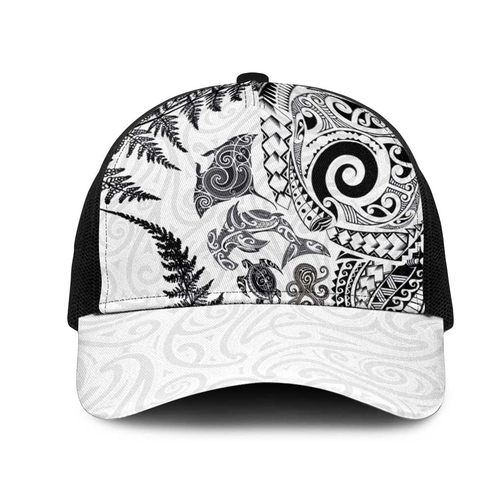 New Zealand Sea Animals Mesh Trucker Cap with Maori Koru Tribal Tattoo and Silver Ferns White Color