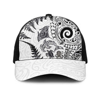 New Zealand Sea Animals Mesh Trucker Cap with Maori Koru Tribal Tattoo and Silver Ferns White Color