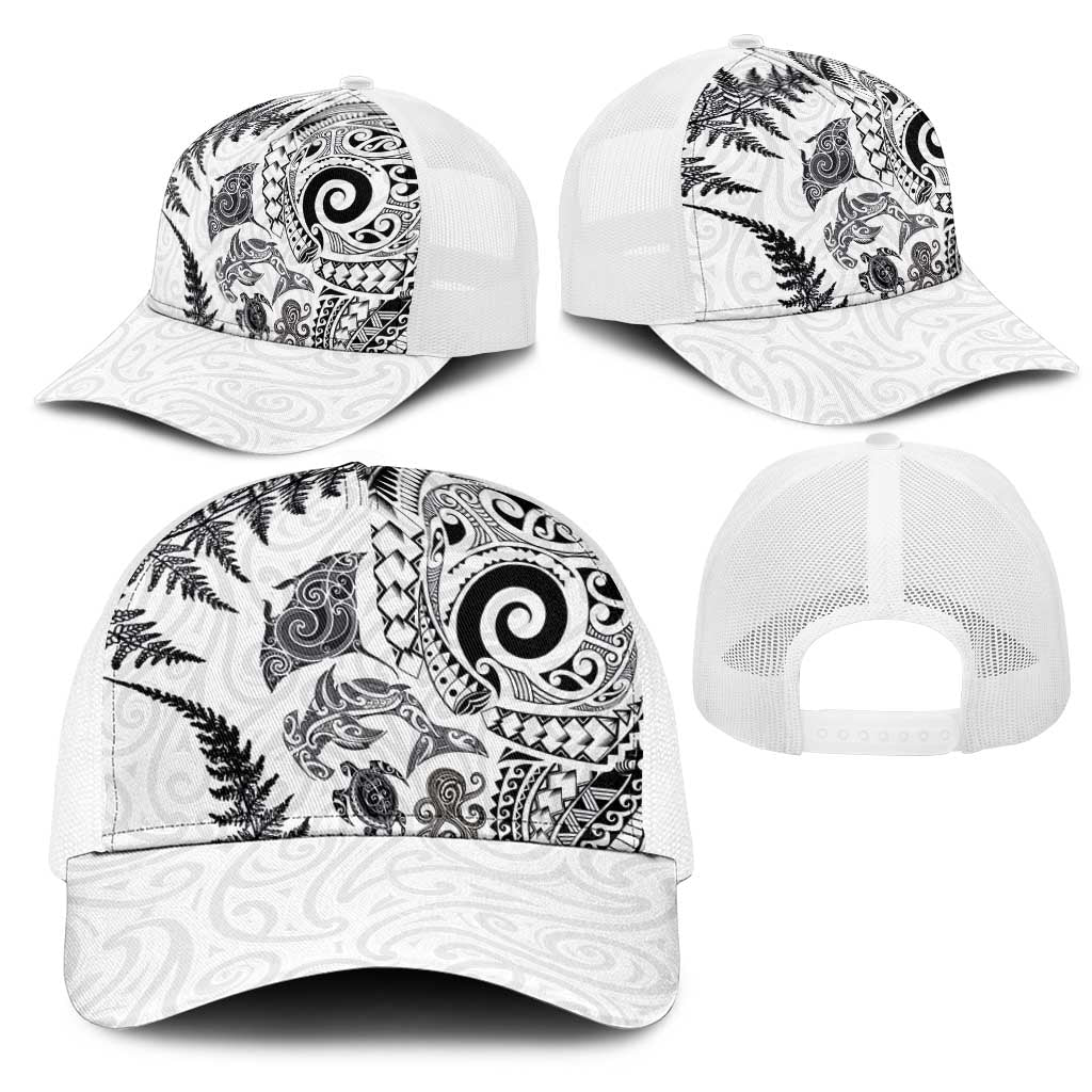 New Zealand Sea Animals Mesh Trucker Cap with Maori Koru Tribal Tattoo and Silver Ferns White Color