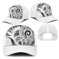 New Zealand Sea Animals Mesh Trucker Cap with Maori Koru Tribal Tattoo and Silver Ferns White Color