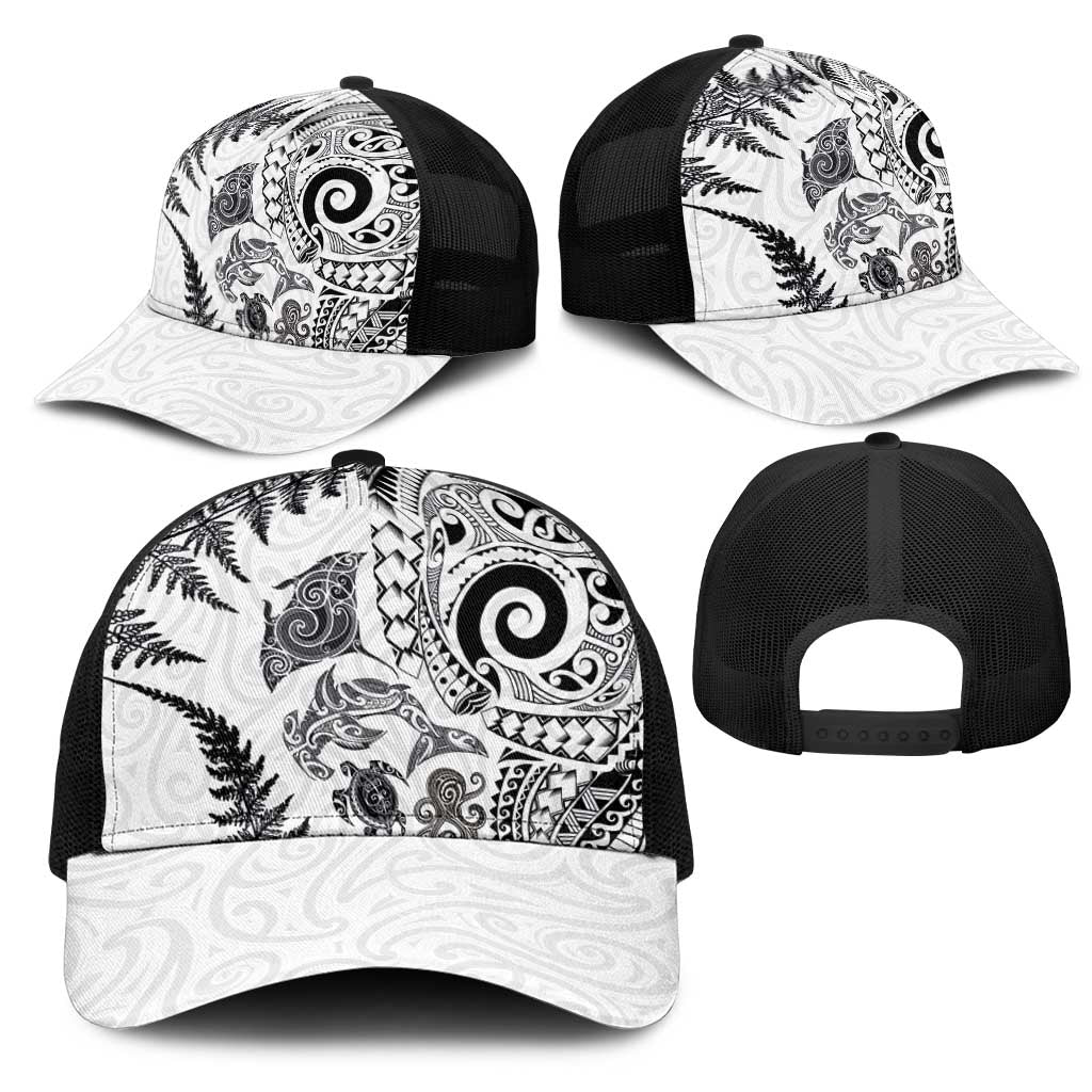 New Zealand Sea Animals Mesh Trucker Cap with Maori Koru Tribal Tattoo and Silver Ferns White Color
