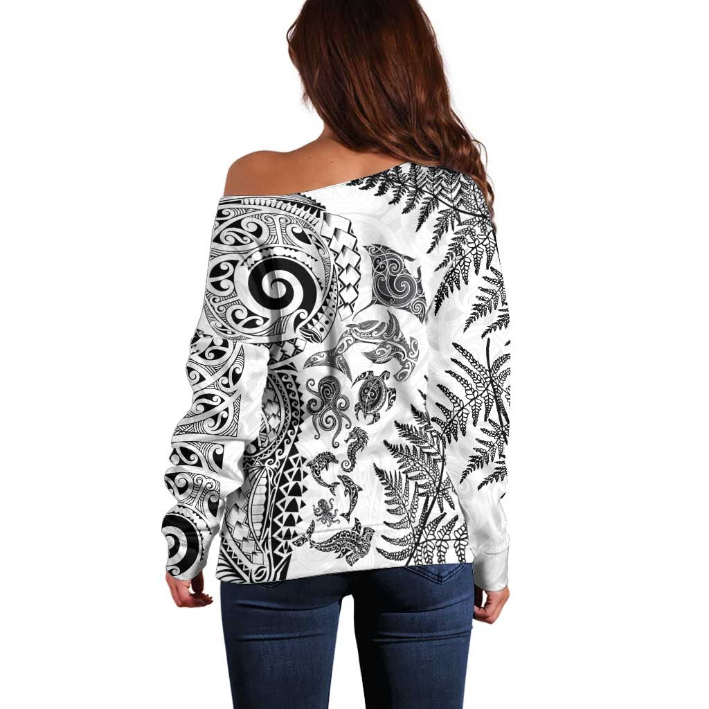 New Zealand Sea Animals Off Shoulder Sweater with Maori Koru Tribal Tattoo and Silver Ferns White Color