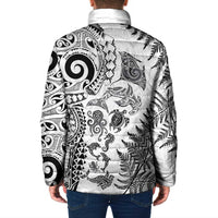 New Zealand Sea Animals Padded Jacket with Maori Koru Tribal Tattoo and Silver Ferns White Color