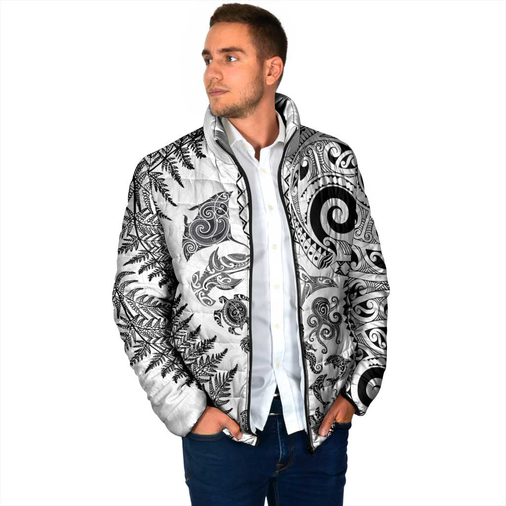 New Zealand Sea Animals Padded Jacket with Maori Koru Tribal Tattoo and Silver Ferns White Color