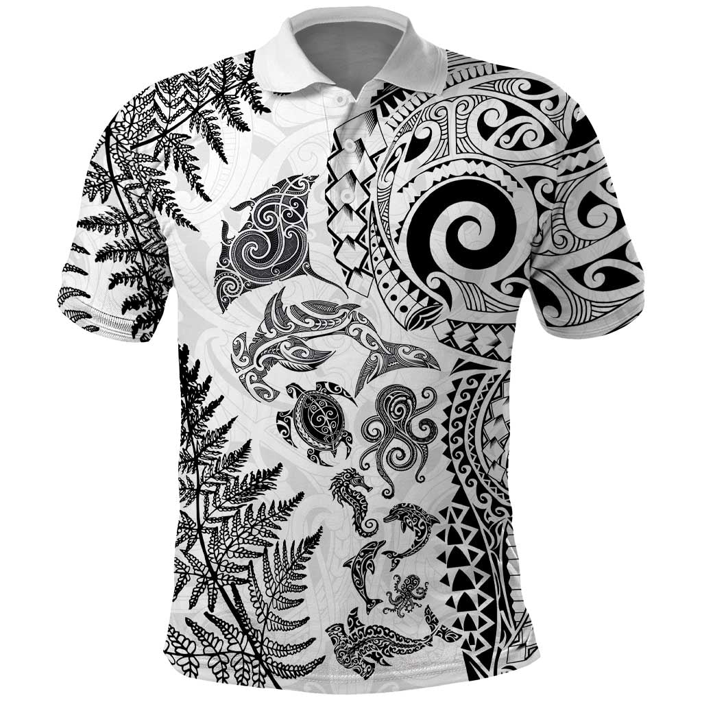 New Zealand Sea Animals Polo Shirt with Maori Koru Tribal Tattoo and Silver Ferns White Color