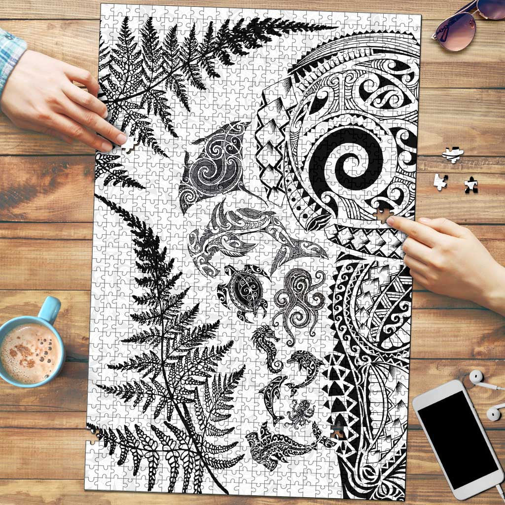 New Zealand Sea Animals Puzzle with Maori Koru Tribal Tattoo and Silver Ferns White Color