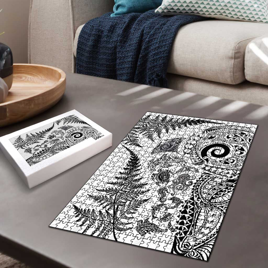 New Zealand Sea Animals Puzzle with Maori Koru Tribal Tattoo and Silver Ferns White Color