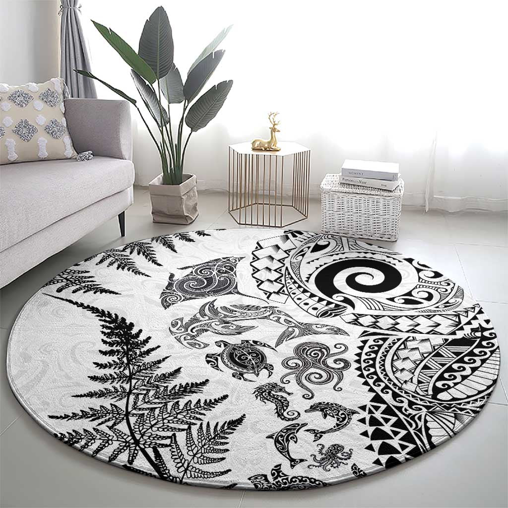 New Zealand Sea Animals Round Carpet with Maori Koru Tribal Tattoo and Silver Ferns White Color