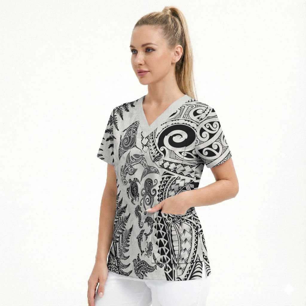 New Zealand Sea Animals Scrub Top with Maori Koru Tribal Tattoo and Silver Ferns White Color
