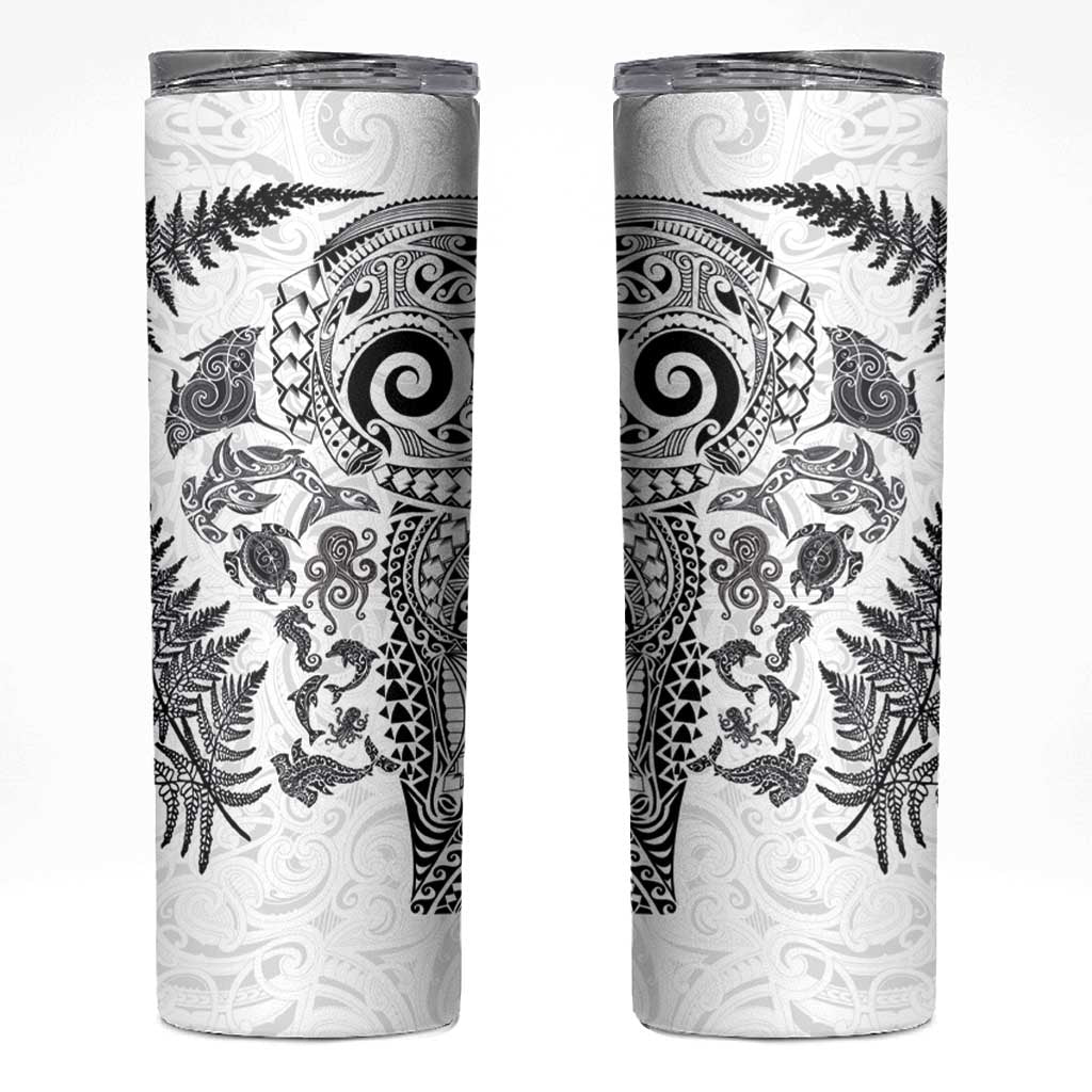 New Zealand Sea Animals Skinny Tumbler with Maori Koru Tribal Tattoo and Silver Ferns White Color LT03 White - Polynesian Pride