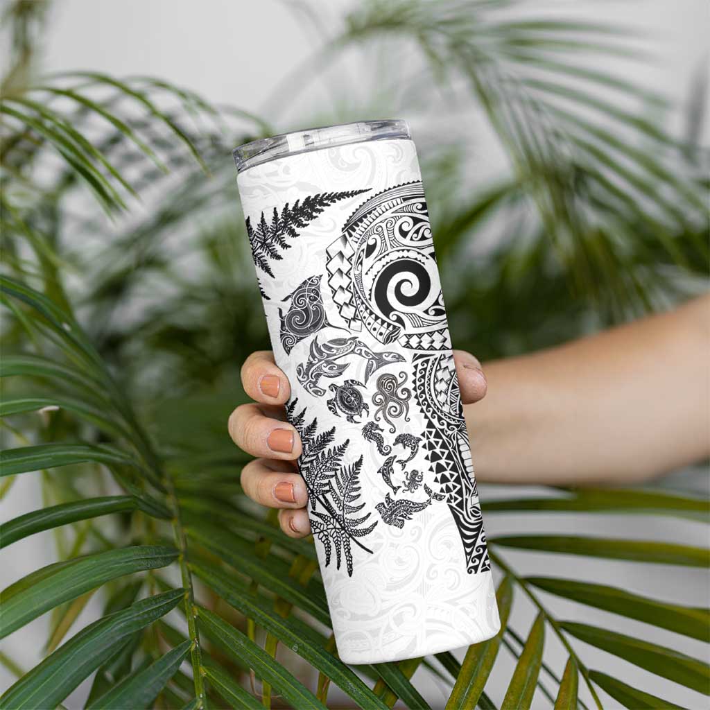 New Zealand Sea Animals Skinny Tumbler with Maori Koru Tribal Tattoo and Silver Ferns White Color