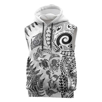 New Zealand Sea Animals Sleeveless Hoodie with Maori Koru Tribal Tattoo and Silver Ferns White Color