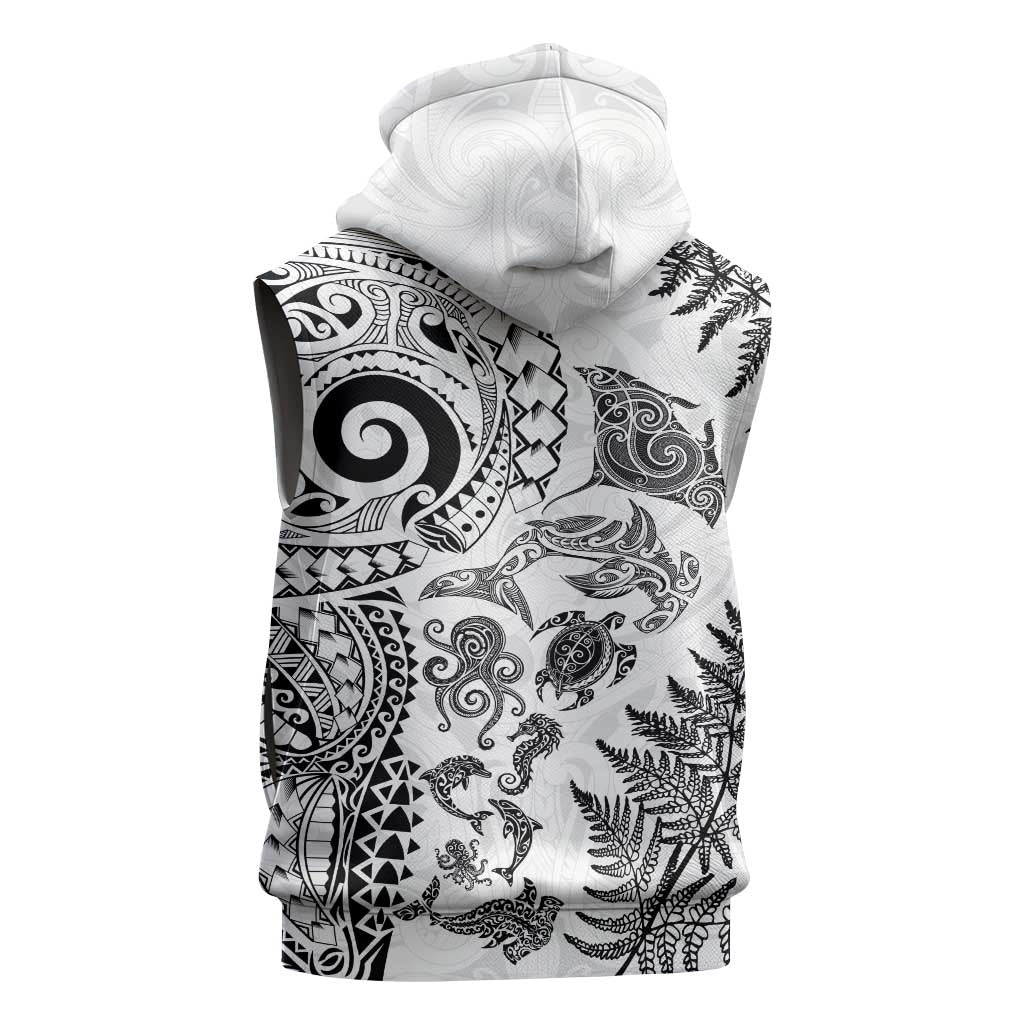 New Zealand Sea Animals Sleeveless Hoodie with Maori Koru Tribal Tattoo and Silver Ferns White Color