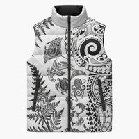 New Zealand Sea Animals Sleeveless Puffer Jacket with Maori Koru Tribal Tattoo and Silver Ferns White Color