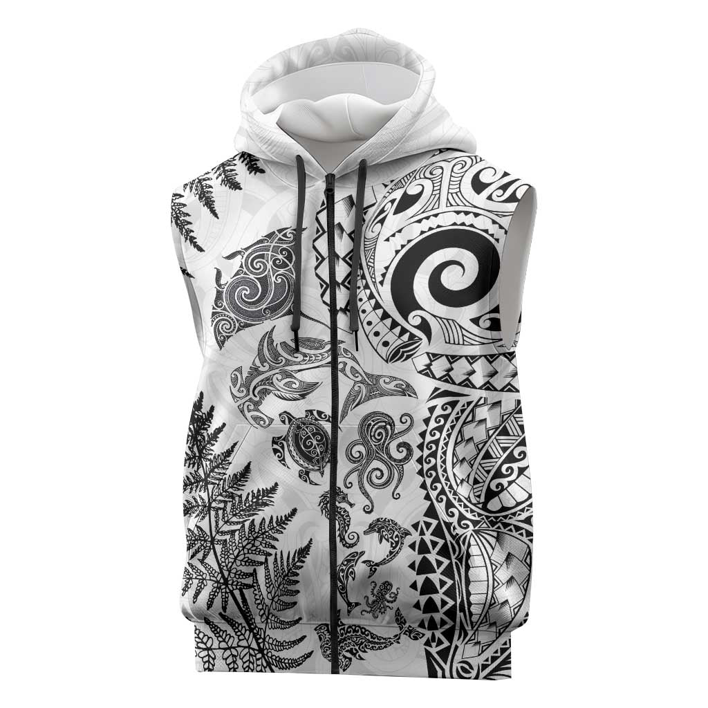New Zealand Sea Animals Sleeveless Zip Hoodie with Maori Koru Tribal Tattoo and Silver Ferns White Color