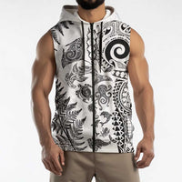 New Zealand Sea Animals Sleeveless Zip Hoodie with Maori Koru Tribal Tattoo and Silver Ferns White Color