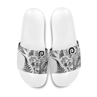 New Zealand Sea Animals Slide Sandals with Maori Koru Tribal Tattoo and Silver Ferns White Color