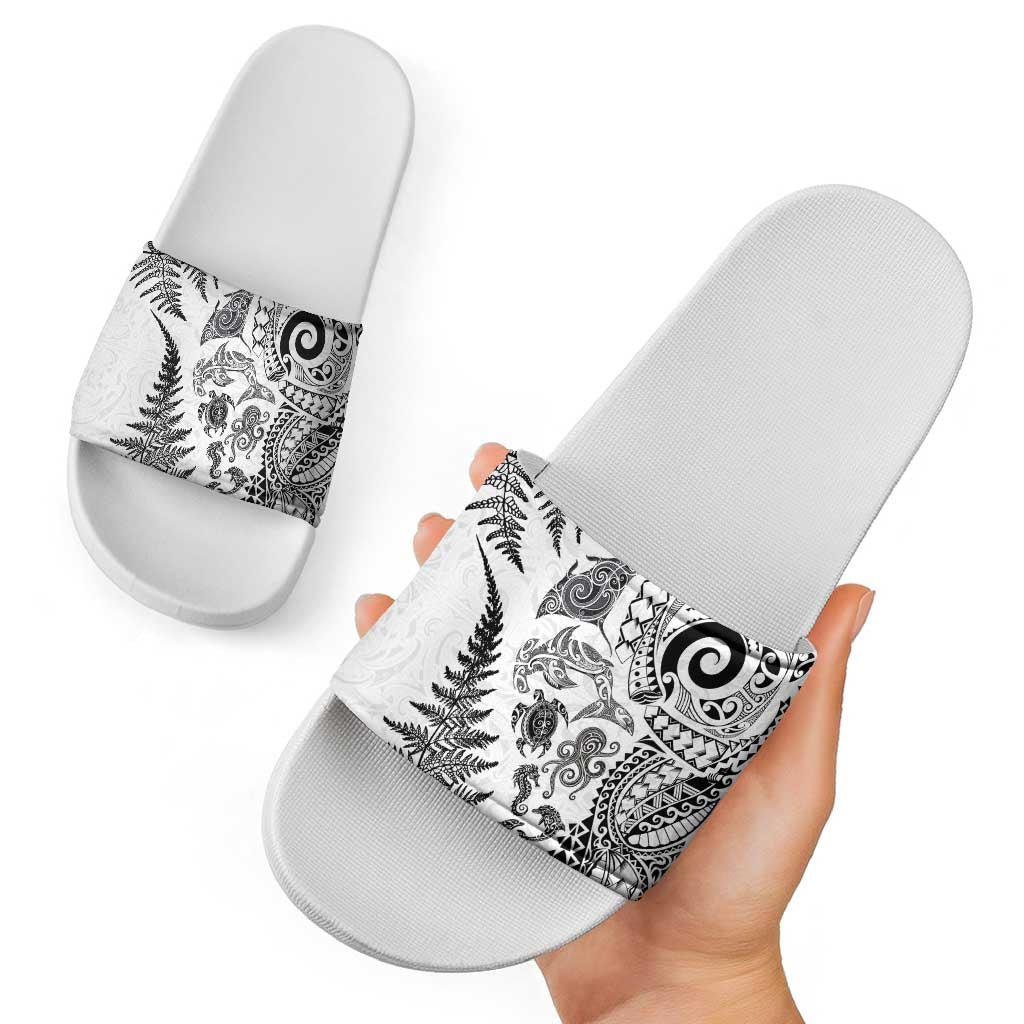 New Zealand Sea Animals Slide Sandals with Maori Koru Tribal Tattoo and Silver Ferns White Color