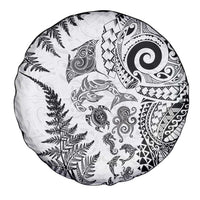 New Zealand Sea Animals Spare Tire Cover with Maori Koru Tribal Tattoo and Silver Ferns White Color