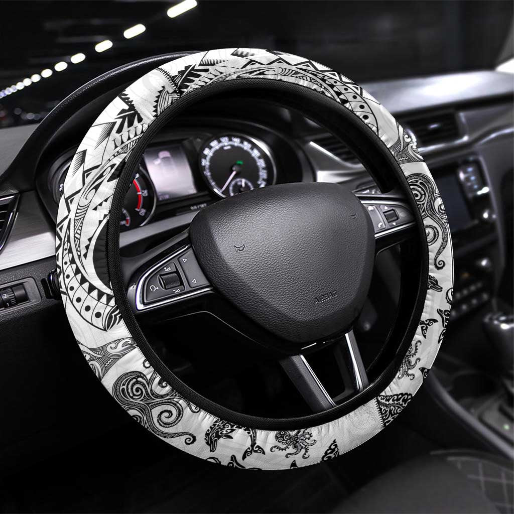 New Zealand Sea Animals Steering Wheel Cover with Maori Koru Tribal Tattoo and Silver Ferns White Color LT03 Universal Fit White - Polynesian Pride