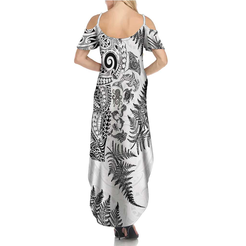 New Zealand Sea Animals Summer Maxi Dress with Maori Koru Tribal Tattoo and Silver Ferns White Color