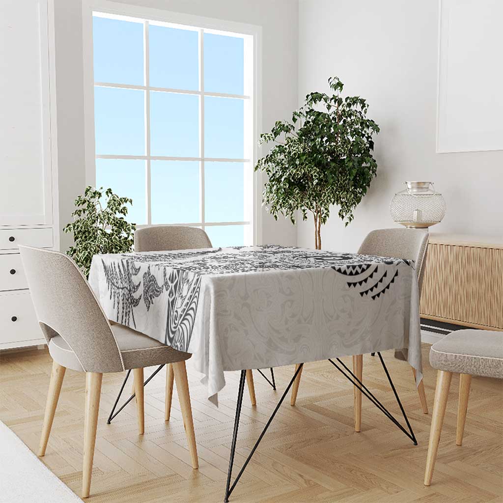New Zealand Sea Animals Tablecloth with Maori Koru Tribal Tattoo and Silver Ferns White Color
