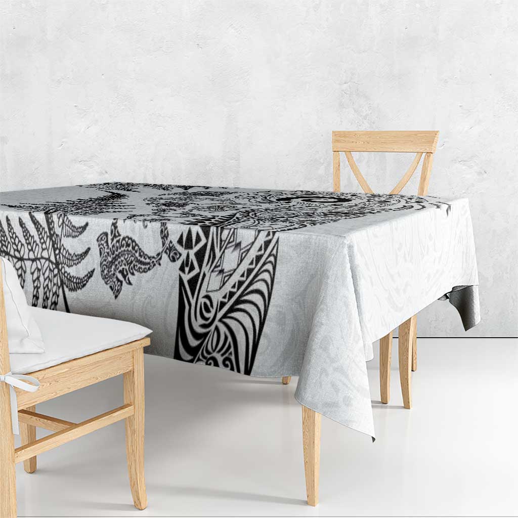 New Zealand Sea Animals Tablecloth with Maori Koru Tribal Tattoo and Silver Ferns White Color